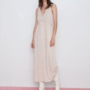 NWT Zara Tan Contrast Lace Slip Dress Sheer Back size Small Fairy minimalist